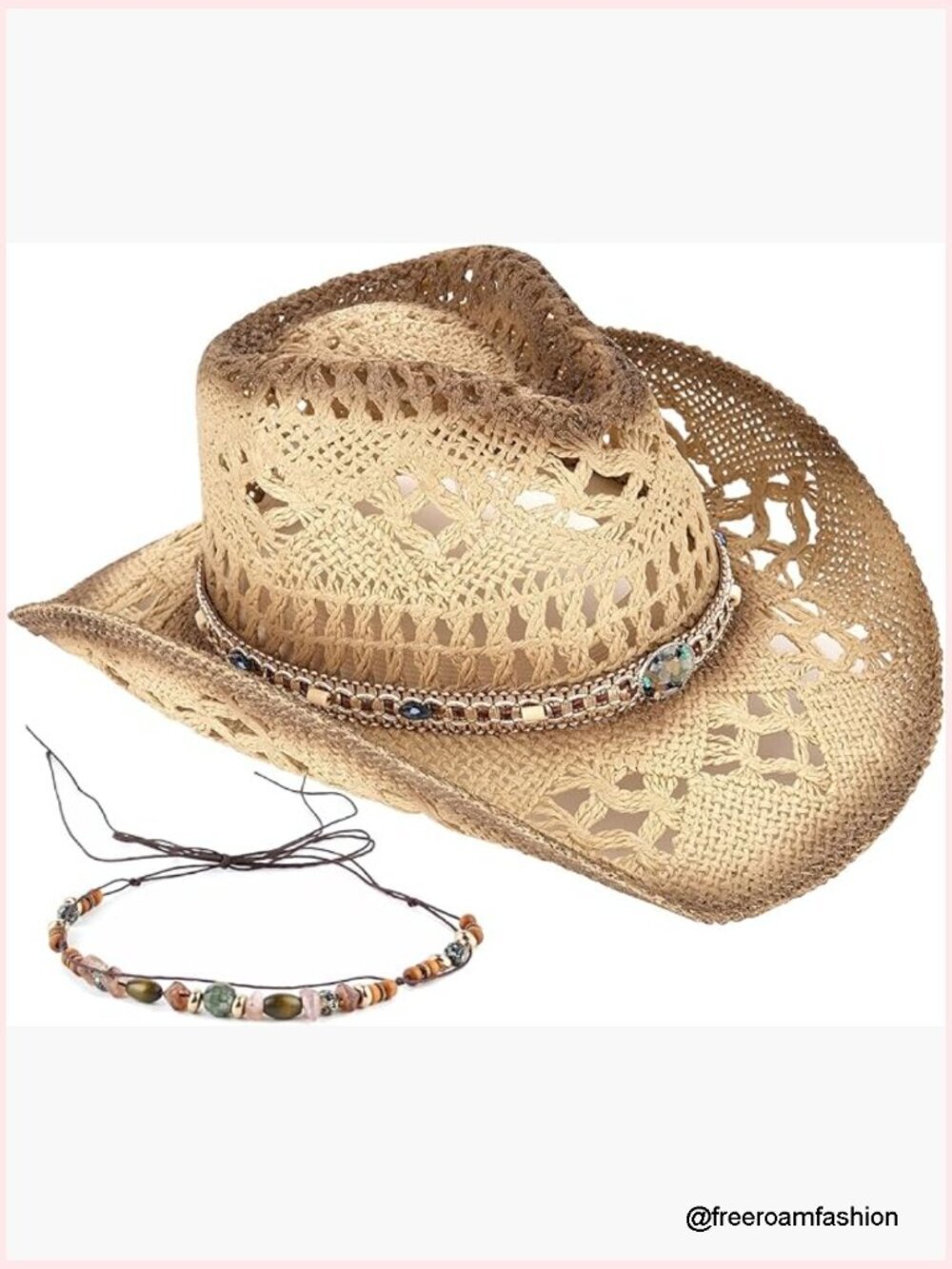 Straw Cowboy Hat with Two Removable Bands Western Cowgirl Sun Hat